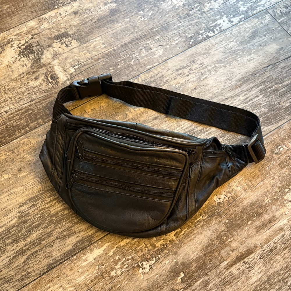 Toni Vintage Leather Fanny Pack Black Multi Zip Belt Bag Adjustable Strap